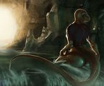  anthro bottomless butt cave clothed clothing female glistening half-dressed hand_on_leg looking_back reptile scalie solo source_request water waterfall wet_clothing 