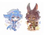  1boy 1girl :d animal_ears bird_girl bird_legs bird_tail bird_wings blue_eyes blue_hair brown_hair chibi chibi_only dark-skinned_male dark_skin erenville ff14_pp2 final_fantasy final_fantasy_xiv head_wings holding holding_lantern lantern meteion orange_eyes rabbit_boy rabbit_ears short_hair simple_background smile tail viera white_background wings 