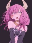  1girl aura_(sousou_no_frieren) bare_shoulders black_background black_sleeves braid breasts choker cleavage clothing_cutout commentary_request demon_girl demon_horns detached_sleeves eitopondo highres horns looking_at_viewer medium_breasts medium_hair navel navel_cutout open_mouth pink_hair purple_eyes simple_background solo sousou_no_frieren yellow_choker yellow_horns 