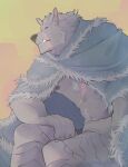  1boy abs animal_ears bara black_fur blaidd_the_half-wolf blue_cape cape dododoonut elden_ring english_commentary fangs fangs_out fur_cape furry furry_male highres leg_armor looking_at_another male_focus muscular muscular_male navel nipples pectorals scar scar_on_chest scar_on_face sitting wolf_boy wolf_ears 