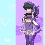  1girl artist_name bare_shoulders black_flower black_hair black_rose cleavage_cutout closed_mouth clothing_cutout cloud_background drop_shadow earrings feathers fingerless_gloves floral_background flower gloves hat holding holding_microphone idol jewelry kunou_kodachi long_hair microphone midriff_peek off_shoulder outline pearl_earrings petticoat purple_eyes purple_gloves purple_hat purple_skirt purple_thighhighs ranma_1/2 red_lips rose signature skirt solo thighhighs wanta_(futoshi) white_feathers white_outline 
