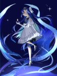  1girl beamed_eighth_notes blue_background blue_hair closed_eyes dress eighth_note floating from_side full_body gloves hair_intakes hand_up highres ichigo_(cute_berry460) juliet_sleeves leg_up long_hair long_sleeves medium_dress musical_note musical_staff profile puffy_sleeves reverse:1999 smile socks solo sparkle starry_skin very_long_hair voyager_(reverse:1999) white_dress white_gloves white_socks 