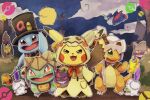  bulbasaur candy charmander cloud commentary_request cosplay cubone cubone_(cosplay) food gengar halloween hat honchkrow litwick mimikyu mimikyu_(cosplay) moon night no_humans open_mouth outdoors parsley_(artist) pikachu pokemon pokemon_(creature) squirtle top_hat wrapped_candy yamask yamask_(cosplay) 