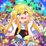  black_vest blonde_hair blush braid commentary drooling drugged gram_9 hair_ribbon highres kirisame_marisa long_hair mushroom red_ribbon ribbon shirt short_sleeves single_braid solo sparkle sparkling_eyes too_many_mushrooms touhou vest wavy_mouth white_shirt yellow_eyes 