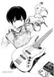  11e_(yuu) 1girl bass_guitar blunt_bangs closed_mouth collared_shirt dated ear_piercing effects_pedal fang fender_jazz_bass greyscale highres instrument long_sleeves looking_at_viewer mimikyu mole mole_under_eye monochrome original overall_shorts overalls piercing pokemon pokemon_on_arm shirt shoes short_hair sitting sleeves_rolled_up solo tying wariza 