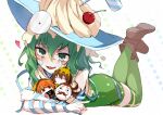  1girl bags_under_eyes blue_ribbon blush boots brown_boots cd character_doll cherry_hair_ornament cream crossed_legs crying doll dress emia_(castilla) food-themed_hair_ornament full_body green_dress green_eyes green_hair green_thighhighs hair_between_eyes hair_ornament hannakii hat heart highres hoemii holding holding_doll holding_stuffed_toy kimi_ga_shine looking_at_viewer lying on_stomach raised_inner_eyebrows ribbon satou_gashu solo stuffed_toy tearing_up thighhighs toto_noel two-tone_dress wavy_hair wavy_mouth witch_hat yellow_dress 
