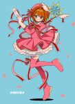  1girl antenna_hair blush boots bow bowtie brown_hair cardcaptor_sakura character_name closed_mouth commentary dress frilled_dress frills full_body gloves green_eyes hair_intakes hat holding holding_wand kinomoto_sakura kinomoto_sakura_(silk_ribbon) long_sleeves looking_at_viewer petals pink_boots pink_dress pink_hat red_bow red_bowtie sanamaru_(sana79261827) short_hair simple_background smile solo standing standing_on_one_leg striped_bow striped_bowtie striped_clothes symbol-only_commentary thigh_boots wand white_gloves 