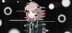  1girl absurdres animal_bag black_background breasts brown_hair cat_bag closed_mouth collared_shirt crying danganronpa_(series) danganronpa_2:_goodbye_despair flipped_hair glitch hair_ornament highres hood jacket light_smile long_sleeves looking_at_viewer medium_hair muchdoge nanami_chiaki neck_ribbon open_clothes open_jacket original pink_bag pink_eyes pink_ribbon ribbon shirt skirt solo tears white_shirt 