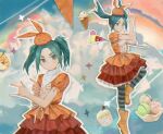  1girl \m/ absurdres aqua_hair boots center_frills closed_mouth commentary dress food frills green_eyes hat highres ice_cream ice_cream_cone monogatari_(series) multicolored_dress multiple_views ononoki_yotsugi orange_boots orange_hat pantyhose puffy_short_sleeves puffy_sleeves short_sleeves short_twintails sidelocks solipsist standing standing_on_one_leg striped_clothes striped_pantyhose thick_eyebrows twintails 