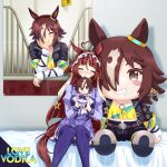  1girl ahoge aroused_nosebleed blood blush brown_hair character_doll closed_eyes closed_mouth doll doqute_stuffed_doll english_text facing_viewer feet_out_of_frame frills hands_up headdress heart heart_ahoge highres holding holding_doll implied_yuri indoors knees_together_feet_apart leaning_to_the_side long_hair long_sleeves miniskirt nose_blush nosebleed photo_(object) poster_(object) purple_shirt purple_skirt purple_thighhighs red_desire_(umamusume) school_uniform shirt sitting skirt smile solo straight-on thighhighs tracen_school_uniform umajiri_gyuunyuu umamusume very_long_hair vodka_(umamusume) vodka_(wild_top_gear)_(umamusume) 