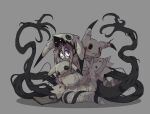  1other @_@ bandages bound claws commentary cosplay english_commentary eyes_in_shadow full_body grey_background highres hongga hood hood_up mimikyu mimikyu_(cosplay) pokemon pokemon_(creature) sidelocks simple_background sitting squiggle_eyes stitches wariza 