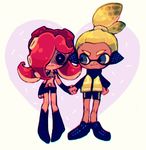  &lt;3 blue_eyes clothed clothing couple duo eyewear female goggles hand_holding inkling male nintendo octoling pu_kus simple_background splatoon tentacles video_games 