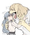  2girls animal_ears animal_nose arm_around_shoulder bang_dream! bang_dream!_it's_mygo!!!!! blonde_hair body_fur breath brown_eyes claws dog_ears dog_girl drooling fangs floppy_ears furrification furry furry_with_non-furry grey_hair guagua977 height_difference highres holding_another's_wrist interspecies long_hair misumi_uika multiple_girls open_mouth saliva shirt simple_background teeth togawa_sakiko tongue tongue_out twitter_username white_background white_shirt yellow_fur yuri 