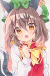 1girl animal_ear_fluff animal_ear_piercing animal_ears blush bow bowtie brown_eyes brown_hair cat_ears cat_tail chen commentary earrings fang green_hat hat highres hoop_earrings jewelry long_sleeves looking_at_viewer mob_cap multiple_tails nekomata open_mouth red_vest shirt single_earring skin_fang solo tail touhou traditional_media twitter_username two_tails vest watermark white_shirt yellow_bow yellow_bowtie yuiki_(cube) 