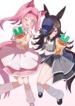  2girls absurdres animal_ears black_shirt black_shoes black_shorts black_skirt black_socks blue_flower blue_hat blue_rose blush bow breasts brown_hair clothing_cutout crepe cropped_shirt detached_collar ear_bow ear_covers flipped_hair flower flower-shaped_pupils flower_in_eye food freely2327 hair_over_one_eye hairband haru_urara_(umamusume) hat hat_flower headband highres holding holding_crepe holding_food horse_ears horse_girl horse_tail layered_skirt long_hair looking_at_viewer loose_socks meni_shuki_rush-sshu! multiple_girls one_eye_closed open_mouth pink_eyes pink_hair pink_headband pink_shirt pink_skirt pink_socks ponytail purple_eyes red_headband rice_shower_(umamusume) rose shirt shoes shorts shoulder_cutout skirt smile socks symbol-shaped_pupils symbol_in_eye tail tilted_headwear umamusume 