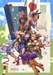  absurdres american_flag animal_ears bandeau blonde_hair boots breasts brown_gloves brown_hair cowboy_boots dark-skinned_female dark_skin gloves green_bandeau hair_ornament highres horse_ears horse_girl horse_tail japanese_flag large_breasts locker long_hair michelle_my_baby_(umamusume) obey_your_master_(umamusume) purple_thighhighs star_(symbol) star_hair_ornament taiki_shuttle_(umamusume) taiki_shuttle_(wild_frontier)_(umamusume) tail thighhighs umamusume umamusume:_cinderella_gray ye_fan 