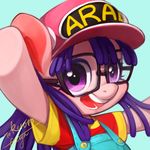  :d arale_norimaki clothed clothing dr_slump earth_pony equine eyewear female feral friendship_is_magic glasses hair happy hat hooves horse looking_at_viewer mammal my_little_pony overalls pony purple_eyes purple_hair signature smile solo 