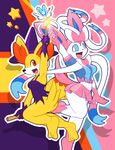 2015 abstract_background anthro armpits blue_sclera bottomless bow breasts broom canine clothed clothing cosplay duo eeveelution elpatrixf fangs fennekin fox half-dressed hat magic magic_user magical_girl mammal midriff navel nintendo open_mouth pok&eacute;mon pok&eacute;morph red_eyes ribbons skirt small_breasts smile star sylveon video_games wand white_eyes white_sclera witch witch_hat 
