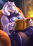  book caprine eyewear female fire fur glasses goat horn looking_at_viewer mammal monster ocaritna open_mouth smile sofa tongue toriel undertale video_games white_fur 