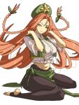  1girl black_leggings bow braid chinese_clothes fang feet green_eyes green_hat green_vest hair_bow hat hat_ornament hong_meiling leggings long_hair looking_to_the_side mozupoko multiple_hair_bows navel pelvic_curtain red_hair sitting solo star_(symbol) star_hat_ornament stirrup_legwear toeless_legwear touhou twin_braids vest wariza white_background 