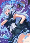  1girl absurdres ahoge black_dress black_gloves blue_hair blush breasts dress elf english_text fang gloves hair_ornament hand_up happy_birthday highres hololive long_hair looking_at_viewer mahou_shoujo_holowitch! notraidersin1 official_art one_eye_closed open_mouth pointy_ears second-party_source smile virtual_youtuber yellow_eyes yukihana_lamy 