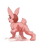  all_fours andy_(roxie) anthro anus balls blue_eyes butt cub cum cumshot erection fur humanoid_penis lagomorph looking_back male mammal orgasm pawpads penis pink_fur rabbit raised_leg simple_background solo tderek99 tongue tongue_out white_background young 