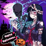  1girl ;q bandages black_hair black_serafuku castle commentary_request full_moon halloween long_hair moon night ok_sign one_eye_closed original red_eyes school_uniform serafuku skeleton smile tongue tongue_out vss83904922 