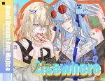  2girls bandaid bandaid_on_face bang_dream! bang_dream!_it's_mygo!!!!! black_shorts blonde_hair blue_eyes blue_hair blue_necktie blue_ribbon cellphone character_name chinese_commentary commentary_request eating eyewear_on_head grey_jacket hair_between_eyes hair_ornament hair_ribbon hairclip hand_up highres holding holding_phone jacket long_hair medium_hair misumi_uika multiple_girls necktie off_shoulder orange_outline outline phone putaooking red-tinted_eyewear ribbon selfie shorts smartphone sunglasses tinted_eyewear togawa_sakiko 