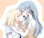  2girls at_09098 bang_dream! bang_dream!_it's_mygo!!!!! blonde_hair blue_hair blue_shirt blush brown_sweater_vest commentary_request donut food hanasakigawa_school_uniform hand_up korean_commentary long_hair medium_hair misumi_uika mouth_hold multiple_girls open_mouth purple_eyes sailor_collar school_uniform serafuku shared_food shirt short_sleeves sidelocks sweater_vest togawa_sakiko white_sailor_collar yellow_eyes yuri 