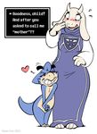 &lt;3 2015 adam_wan anthro blush caprine clothed clothing dialogue duo english_text female flirting fur goat half-closed_eyes horn humor larger_female long_ears looking_down looking_up male mammal nude red_eyes simple_background size_difference smile text toriel undertale video_games white_background white_fur 