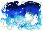 1girl blue_hair bracelet colorful commentary_request cropped_shoulders dai_dai_da expressionless eyelashes flower from_side green_eyes hair_focus hand_up highres jewelry long_hair marker_(medium) original parted_lips pearl_bracelet profile solo star_(symbol) star_in_eye symbol_in_eye traditional_media unworn_bracelet 