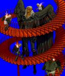  1girl 4boys asymmetrical_hair bisphonate black_gloves black_jacket black_wings blood blue_background boots dark_skin dress facial_tattoo feathered_wings frilled_shirt_collar frills gloves green_blood hands_in_pockets highres jacket japanese_clothes kimono king_(one_piece) knee_boots leather leather_jacket long_hair looking_at_another multiple_boys one_piece red_eyes s-flamingo s-hawk s-shark s-snake seraphim_(one_piece) shirt short_hair shoulder_spikes size_difference spikes spiral_staircase stairs sunglasses tattoo tusks white_dress white_hair white_kimono white_shirt wings yellow_eyes 