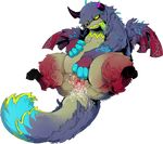  2014 blue_fur chubby demon dragon drooling female floof fur gaping gaping_pussy green_eyes hi_res horn hybrid m5-memyou masturbation memyou pussy pussy_juice red_fur saliva solo tongue tongue_out vaginal_masturbation what wings 