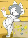  areola breasts chubby english_text eyelashes female fionthebunny hair looking_at_viewer mammal navel nipples nude pussy simple_background smile temmie_(undertale) text undertale video_games 