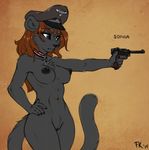  2015 anthro black_nipples black_pussy breasts digital_media_(artwork) feline female fluff-kevlar fur grey_fur gun hair handgun holding_weapon iron_cross mammal nazi nipples nude purple_eyes pussy ranged_weapon solo sophia standing textured_background weapon 