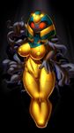  2015 anthro anthrofied breasts cofagrigus coffin egyptian elpatrixf female gold_(metal) golden_nipples headdress multi_limb nintendo nipples pok&eacute;mon pok&eacute;morph pussy red_eyes red_sclera sarcophagus solo standing teeth video_games wide_hips 