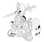  2015 armor equine female friendship_is_magic horn looking_at_viewer looking_back mammal melee_weapon monochrome my_little_pony omny87 rarity_(mlp) solo sword unicorn warhammer_(franchise) weapon 