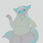  2015 anthro belt big_breasts bioluminescence bludragoon blue_eyes blue_hair breasts canine chain chubby clothing eyewear female fennec fluffy_tail fox fur glasses glowing hair invalid_color long_hair looking_at_viewer mammal markings midriff necklace nipples overweight pants sweater thick_thighs turtleneck_sweater wide_hips ysuffie 