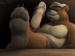  2013 4_toes anthro barefoot bear belly black_nose brown_eyes chubby claws clothed clothing feet foot_focus footwear hat hindpaw male mammal pawpads paws plantigrade riproarrex sandals shorts smile soles solo soul_patch toe_claws toes 