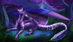  anus blue_feathers butt detailed_background dragon eyes_closed feathered_wings feathers feline female feral fur furred_dragon hybrid lying mammal nude on_side pawpads presenting purple_feathers purple_fur purple_pawpads pussy raised_leg rynthara scratching smile solo striped_fur stripes theowlette tree vaginal white_fur white_stripes wings 