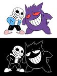  ambiguous_gender bone clothing crossover duo gengar jacket male nintendo pok&eacute;mon purple_body red_eyes sans_(undertale) skeleton slippers smile sweat undertale video_games 