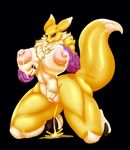  anthro ber00_(artist) big_breasts black_background blue_eyes blush breasts canine clitoris digimon female fox fur huge_breasts hyper hyper_breasts hyper_nipples lactating mammal milk nipples pussy renamon simple_background solo urine watersports white_fur yellow_fur 