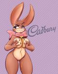  anthro bow breast_squish breasts brown_fur cadbury_bunny candy female food fur lagomorph mammal nude rabbit simple_background solo tgwonder 