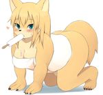  &lt;3 1girl akitaka all_fours anthro artist_request big_breasts blonde_hair blush bottomless breasts butt canine chubby claws cleavage clothed clothing cyan_eyes dog female food fox fur furry green_eyes hair half-dressed kemono long_hair looking_at_viewer mammal object_in_mouth popsicle simple_background solo thick_thighs towel white_background yellow_fur 