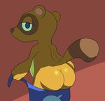  2015 animal_crossing apron big_butt blue_eyes butt clothing looking_at_viewer male mammal monkeybutt nintendo simple_background solo tanuki tom_nook_(animal_crossing) undressing video_games 