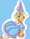  2015 alasou applejack_(mlp) blonde_hair blue_background blush clothing dress earth_pony equine eyelashes female feral flower flower_in_hair freckles friendship_is_magic fur green_eyes hair horse looking_back mammal my_little_pony orange_fur patreon plant pony scrunchy_face simple_background solo 