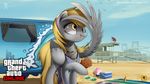  2015 blonde_hair cutie_mark derp_eyes derpy_hooves_(mlp) eating equine female food friendship_is_magic grand_theft_auto hair mammal muffin my_little_pony pegasus rockstar_games solo stars_and_stripes supermare_(artist) united_states_of_america van wings yellow_eyes 