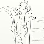  big_tail bottomless clothed clothing dresser fizzyfoxy flaccid fur grin half-dressed leaning mostly_nude open_shirt outline penis pointy_ears senior_tiny_marbles sergal shirt simple sketch 