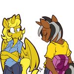  anthro blonde_hair blue_skin breasts brown_skin clothed clothing equine fan_character female gift golden_ticket hair horn jeans kayla-na male mammal my_little_pony star_sparkler unicorn winged_unicorn wings 