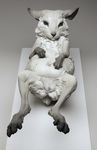  2015 beth_cavener_stichter female feral greyscale lagomorph lying mammal monochrome on_back pussy rabbit real sculpture_(artwork) solo traditional_media_(artwork) 